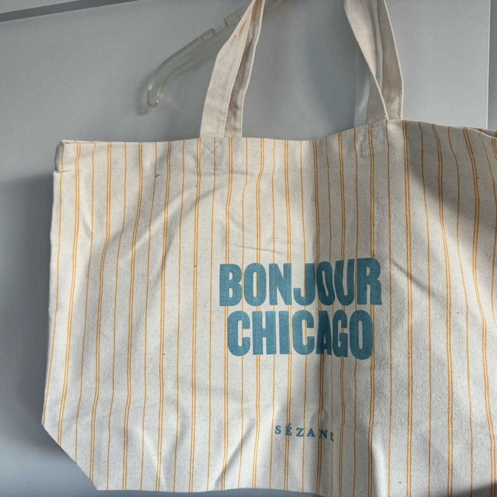 Sezane Cream and Blue Chicago Novelty Tote Bag